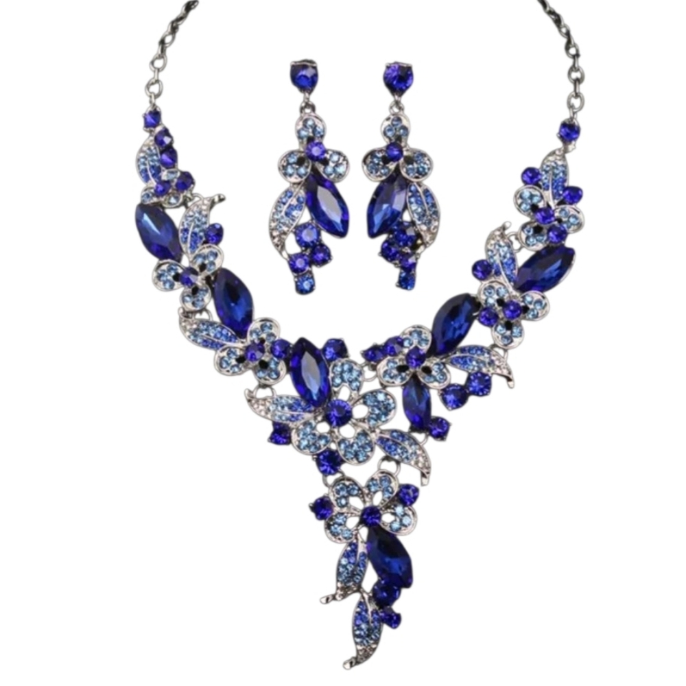 Earrings & Necklace Set Sapphire Blue Rhinestone Floral - Picture 7 of 13